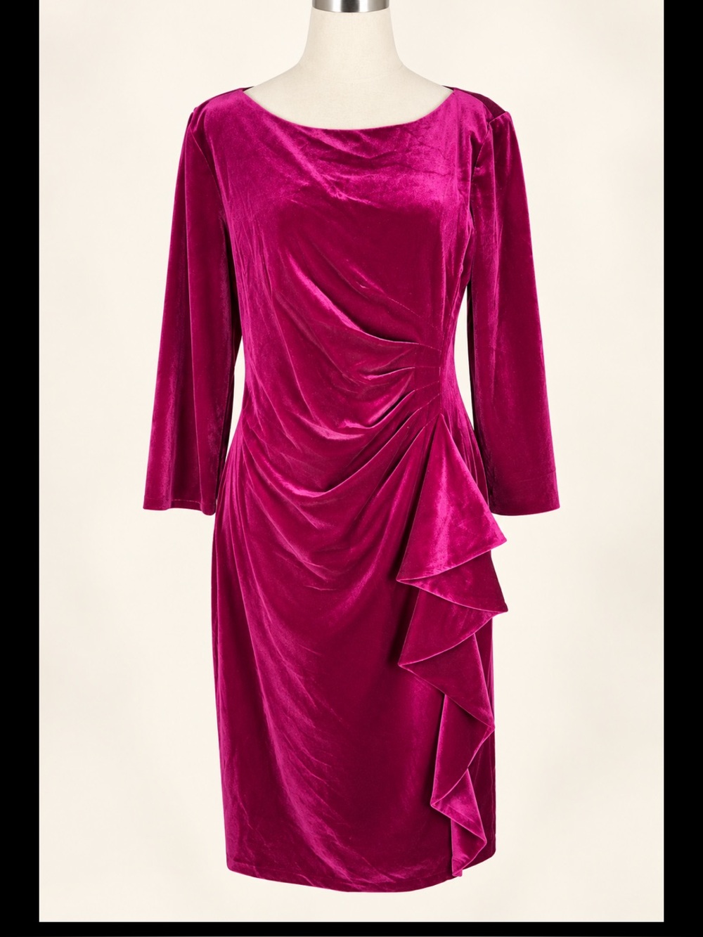 Jessica Howard Magenta Velvet Ruched Ruffle Cocktail Dress 12 NWOT